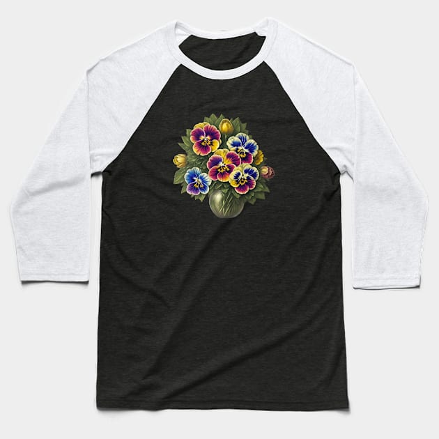 Pansy Flower Floral Illustration Vintage Abstract Leaf Baseball T-Shirt by Flowering Away